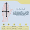 Size chart guide showing measurements for glove length and width in inches for sizes S through XL