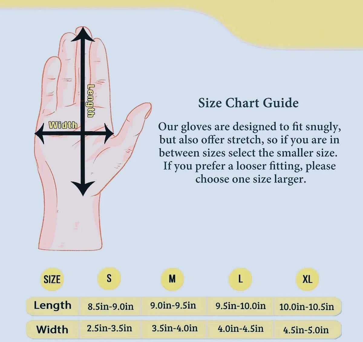 Size chart guide showing measurements for glove length and width in inches for sizes S through XL