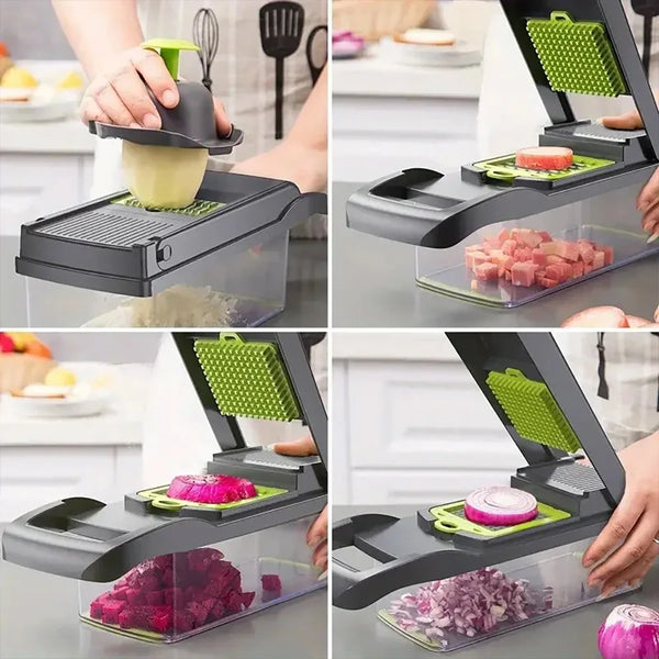 A set of 16 multifunctional vegetable choppers and slicers in black and clear plastic are shown being used to prepare various