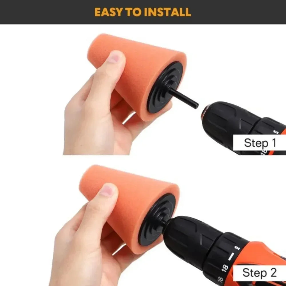 Hands demonstrate the easy installation of a drill polishing sponge cone kit for wheels and automotive detailing.