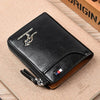 Black leather men's wallet with a zipper and a silver logo resting on a light brown surface.