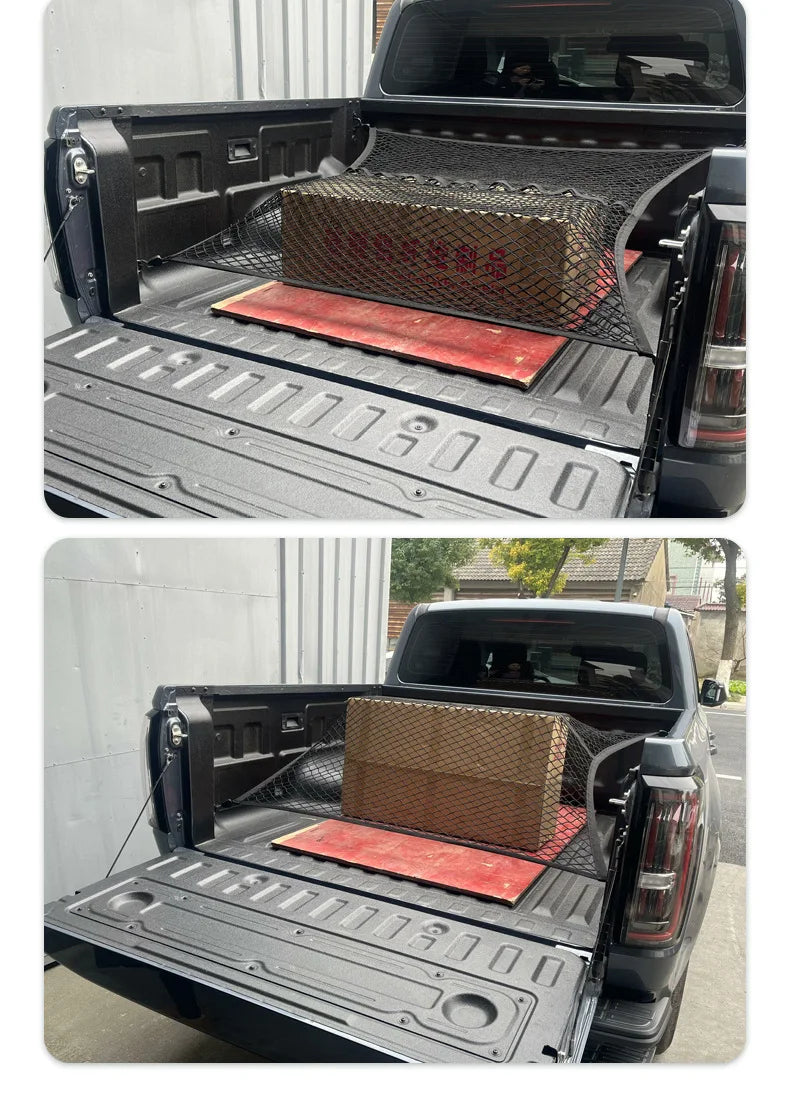 Schwarme Pritschenlader-Ladefläche mit universellem Cargo-Netz und Holzbox auf roter Matte.