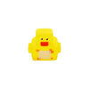 A bright yellow squeaky rubber duck bath toy for kids.