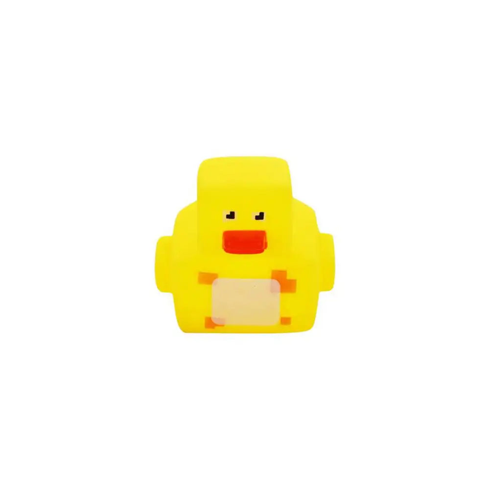 A bright yellow squeaky rubber duck bath toy for kids.