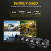 A black high-intensity LED spotlight headlight assembly for off-road vehicles shown in various contexts.