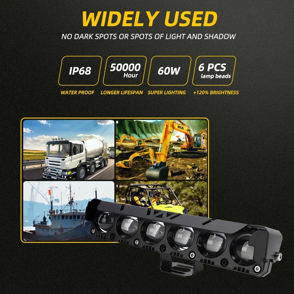 A black high-intensity LED spotlight headlight assembly for off-road vehicles shown in various contexts.