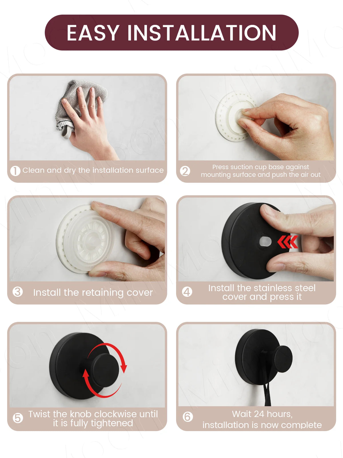 Instructions for easy installation of a stainless steel suction cup towel hook using a no-drill wall mount.
