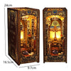 A decorative wooden book nook kit featuring a miniature room scene with ornate details and lighting.