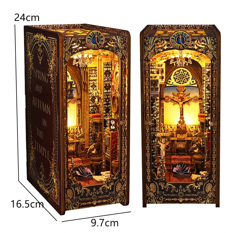 A decorative wooden book nook kit featuring a miniature room scene with ornate details and lighting.