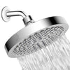 A chrome rainfall shower head with multiple nozzles is shown spraying water.