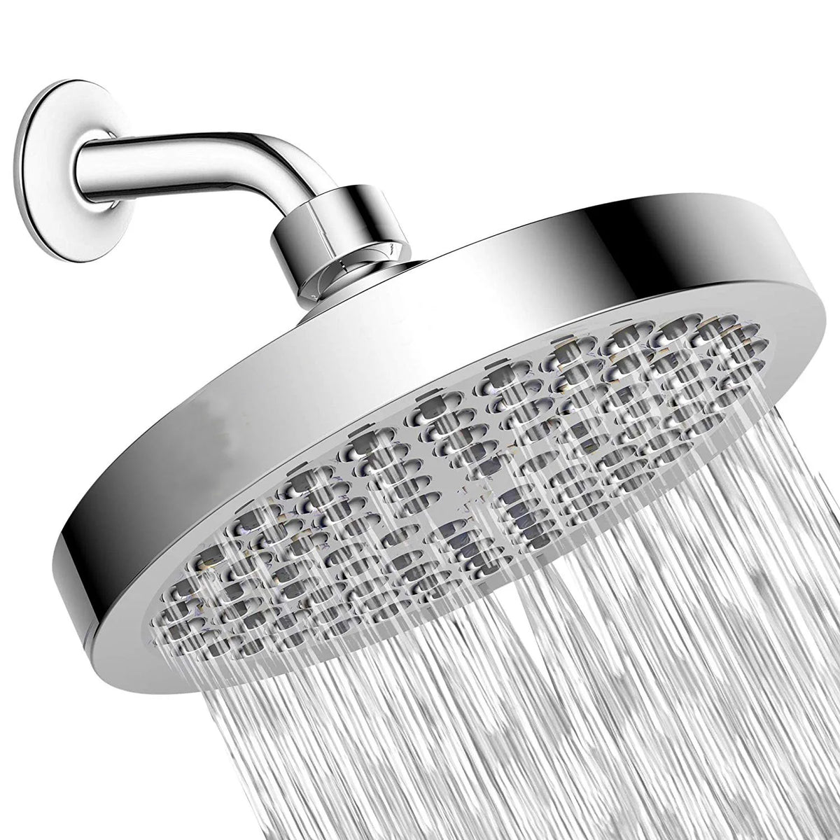 A chrome rainfall shower head with multiple nozzles is shown spraying water.