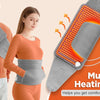 A woman is shown holding a gray electric heating pad, demonstrating its use for comfort and relaxation.
