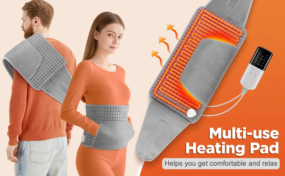 A woman is shown holding a gray electric heating pad, demonstrating its use for comfort and relaxation.