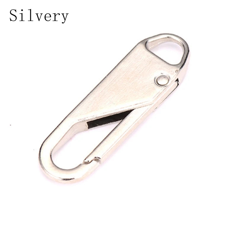 A silver metal zipper pull with a loop for replacement or repair.