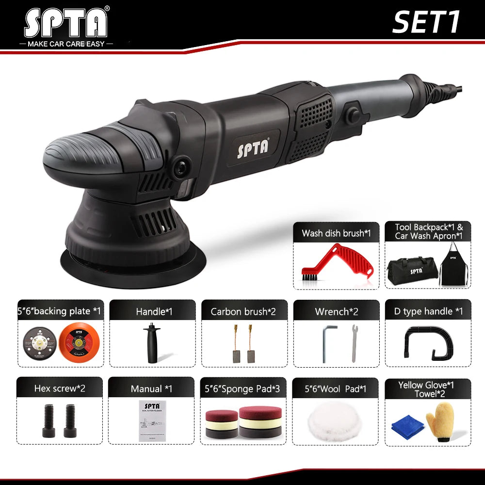 A black SPTA dual action car detailing polisher with various accessories shown below the main tool.