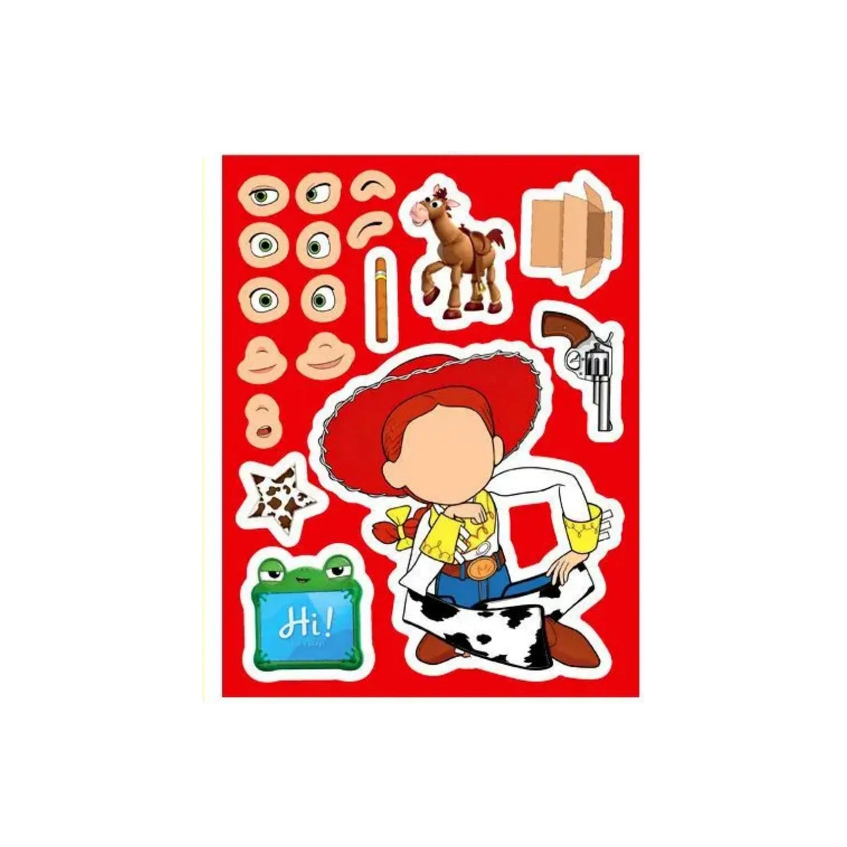 A set of reusable stickers featuring characters from Toy Story including Woody, Buzz Lightyear, and friends on a red backgrou