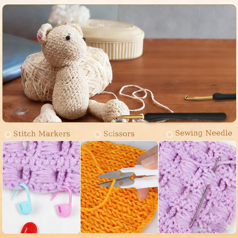 Ergonomic crochet hook set with soft grip handles showing various hooks and a sewing needle.