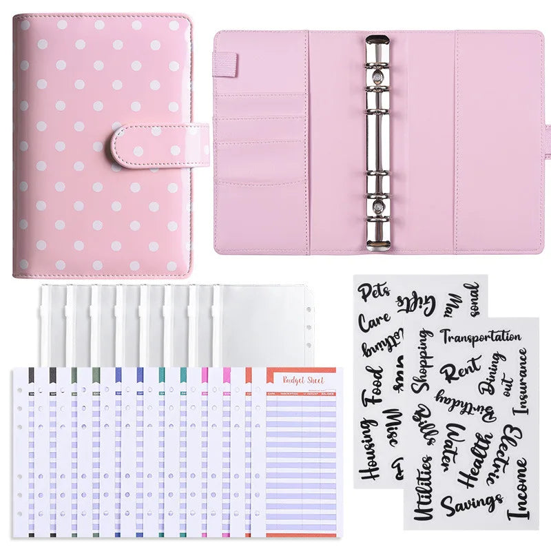 Pink A6 polka dot PU leather binder wallet with cash envelopes and card holder featuring various organizational sheets