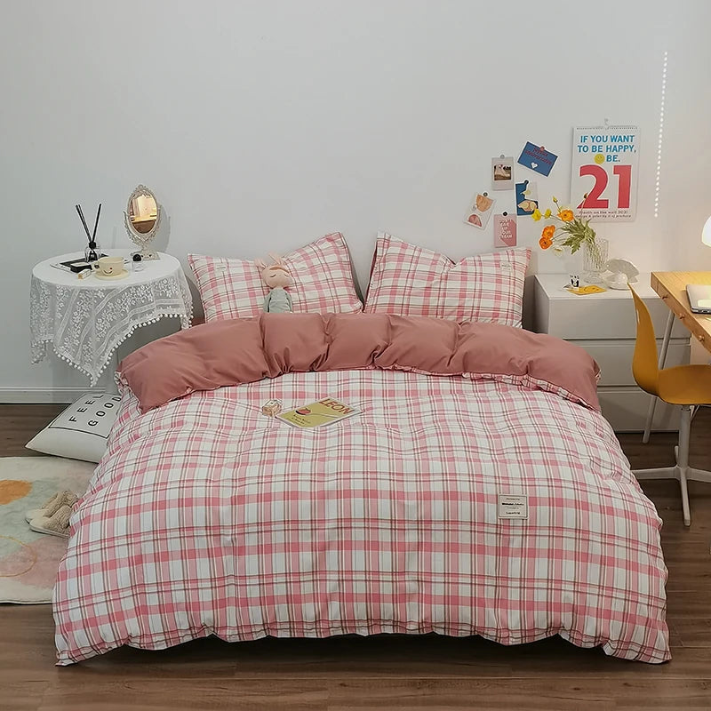 100% Cotton Duvet Cover Set with Plaid Stripe – Breathable & Skin-Friendly