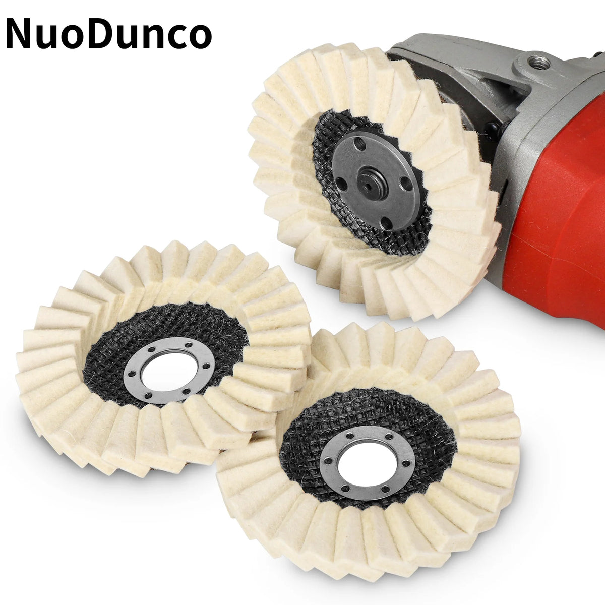 A set of wool polishing grinding wheels and buffing pads for a power tool.