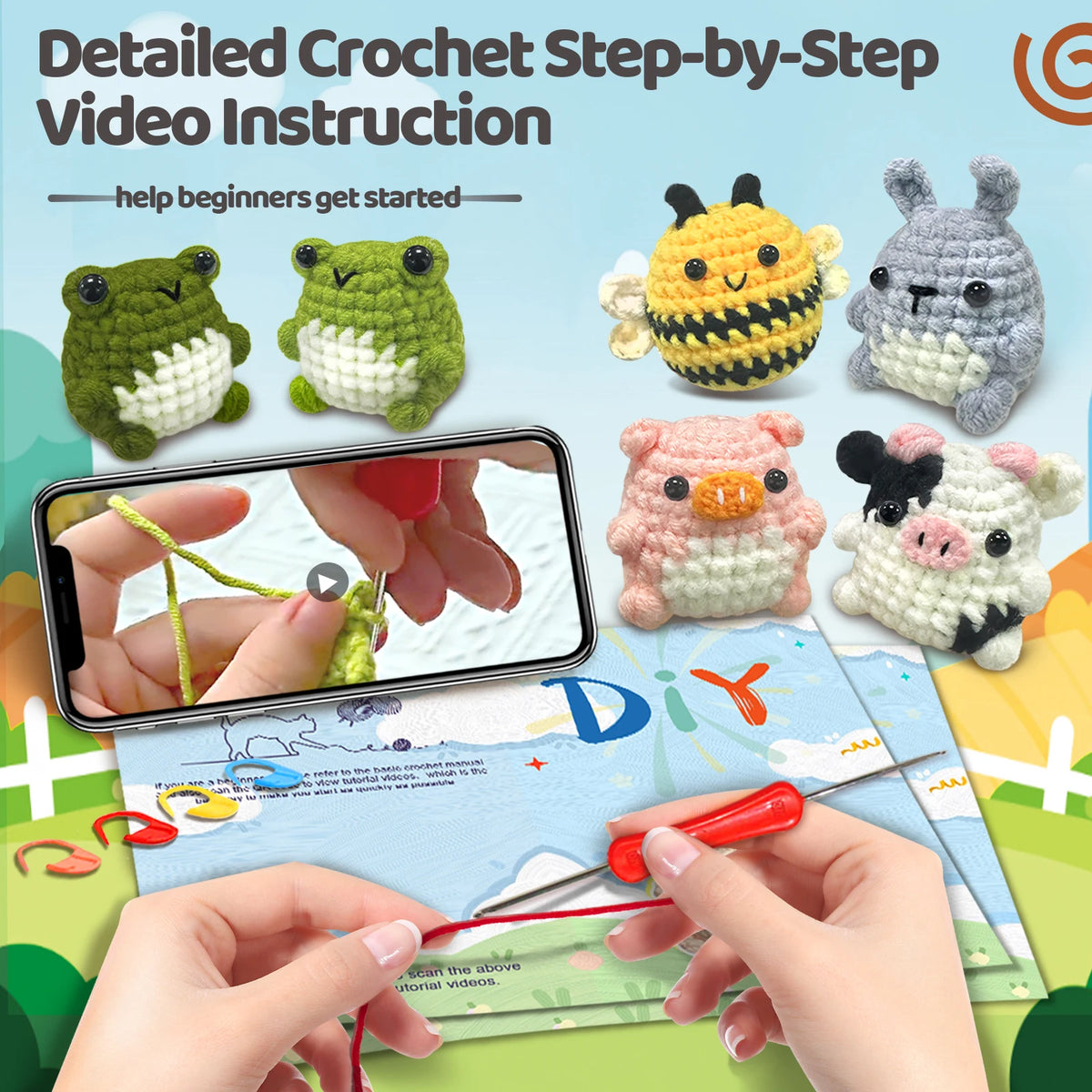 Hands demonstrate detailed crochet instructions for making cute animal amigurumi figures.