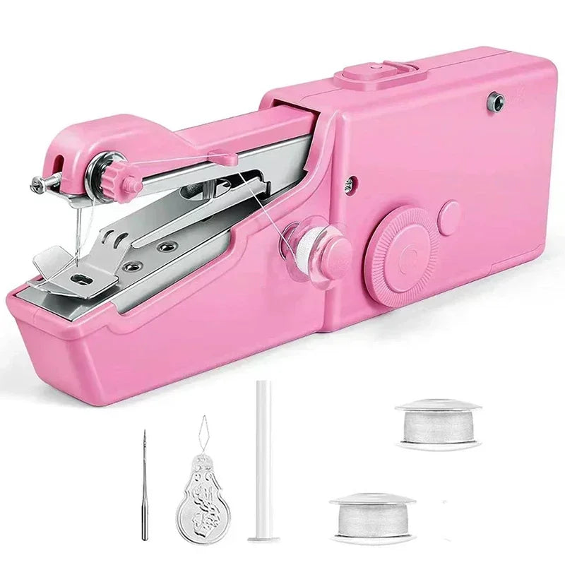 Pinke portable Mini-Nähmaschine mit verschiedenen Nadeln und Zubehör