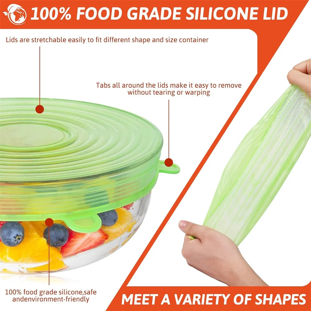 A green silicone lid is shown being removed from a glass container, demonstrating its stretchable design.