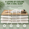 A four-layer cooling mat is shown with a person lying on it, demonstrating its features for cool sleep.