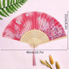 Pink and white floral lace folding hand fan with a natural wood handle