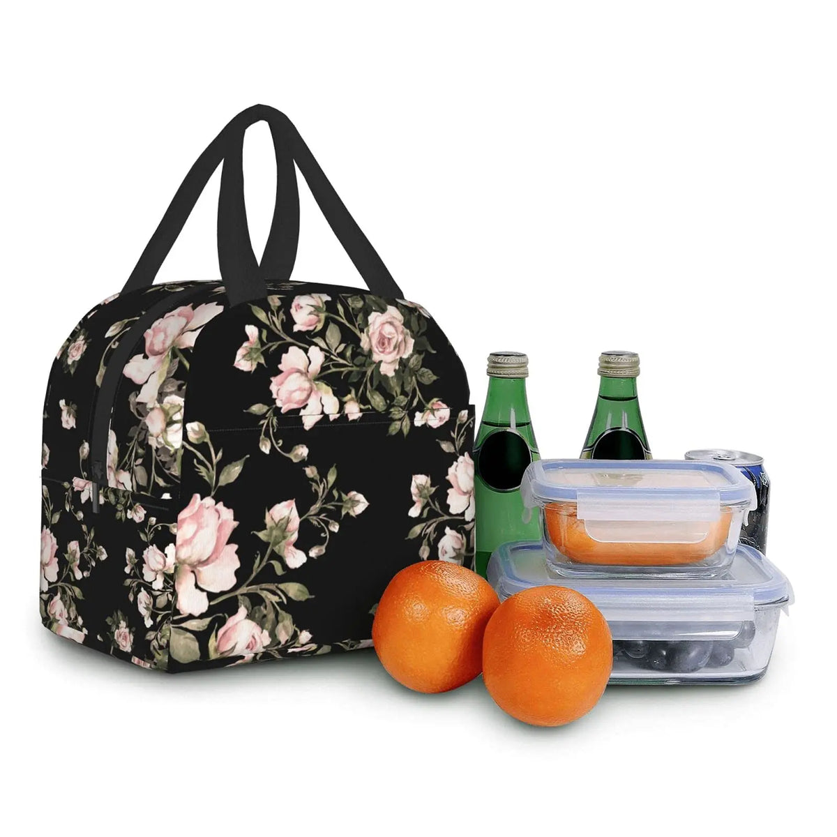 A black insulated lunch bag with a floral watercolor rose pattern next to a glass bottle and a clear food container.