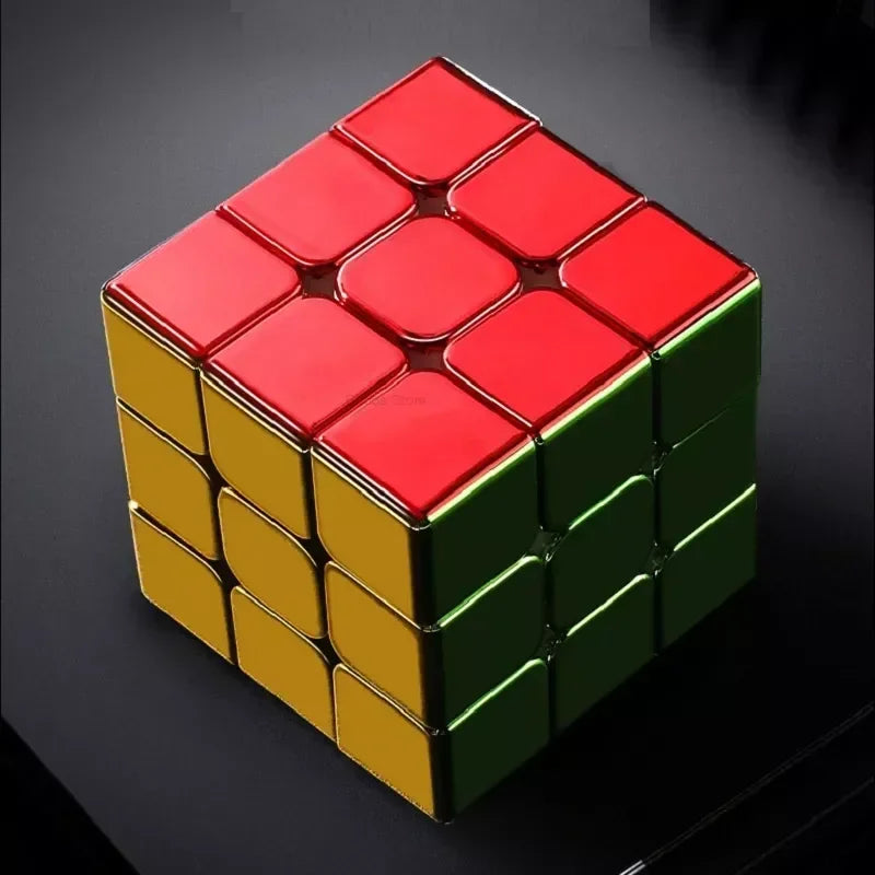 A 3x3 magnetic speed cube with a mirror finish, featuring red and yellow faces.