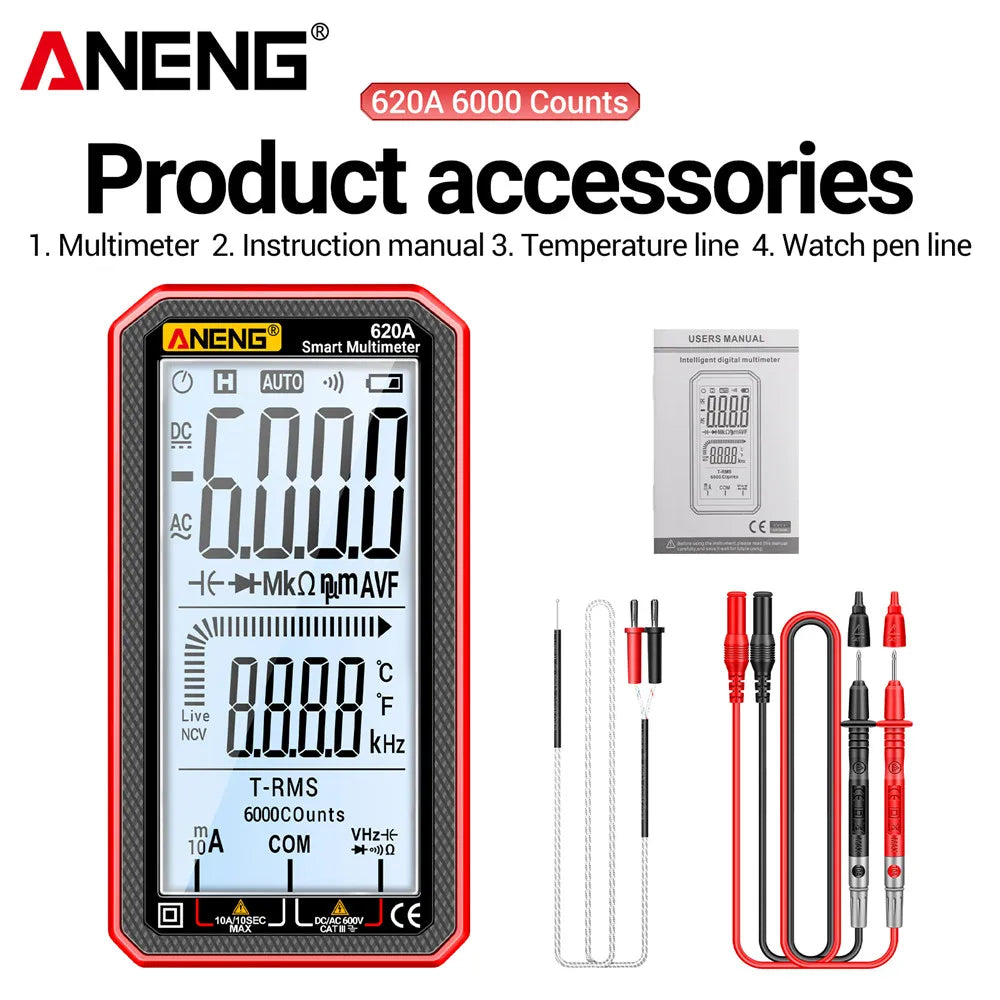 AnENG 620A Smart Multimeter with accessories including instruction manual, temperature line, and watch pen line.