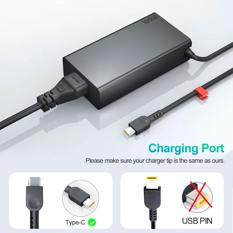 Schwarzer 100W USB-C PD Laptop-Ladegerät mit Kabel und verschiedenen Anschlüssen zum Aufladen.