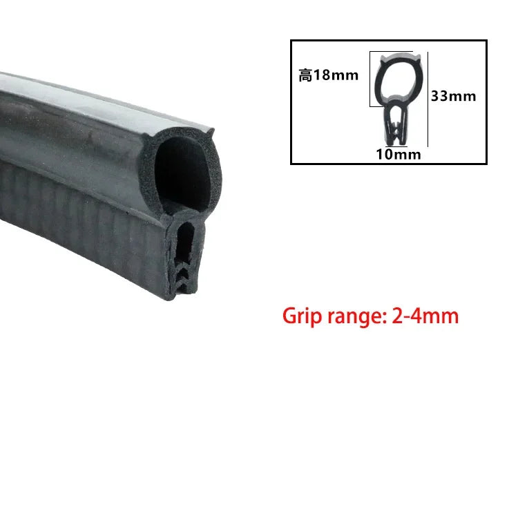 Black U-shaped EPDM rubber edge trim with dimensions and grip range specifications