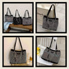 A collection of black and gray crystal-embellished chain shoulder bags displayed in various contexts.