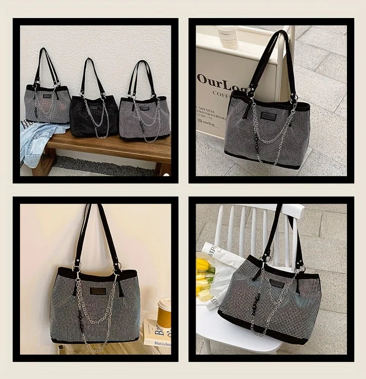 A collection of black and gray crystal-embellished chain shoulder bags displayed in various contexts.