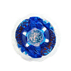 A blue and silver alloy battle spinning top with a clear plastic casing.