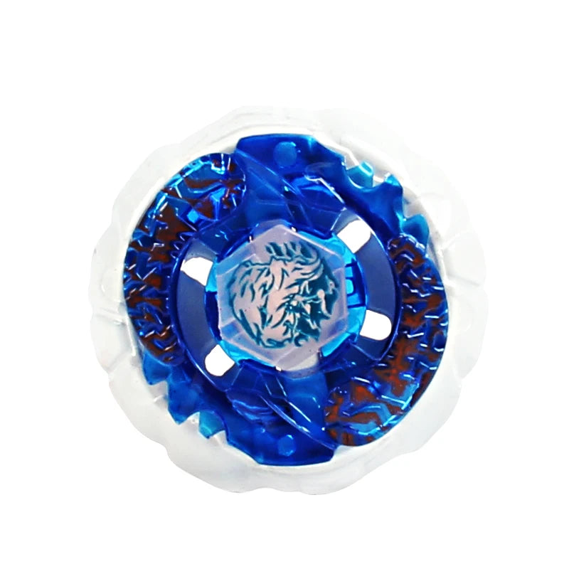 A blue and silver alloy battle spinning top with a clear plastic casing.