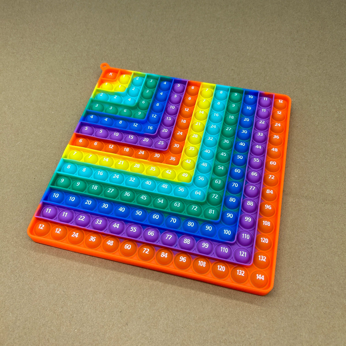 A colorful multiplication practice math game board with 12 rows and 12 columns of numbered tiles.