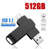 A black 512GB USB 3.2 Metal U disk featuring both a USB 3.2 interface and a Type-C connector.