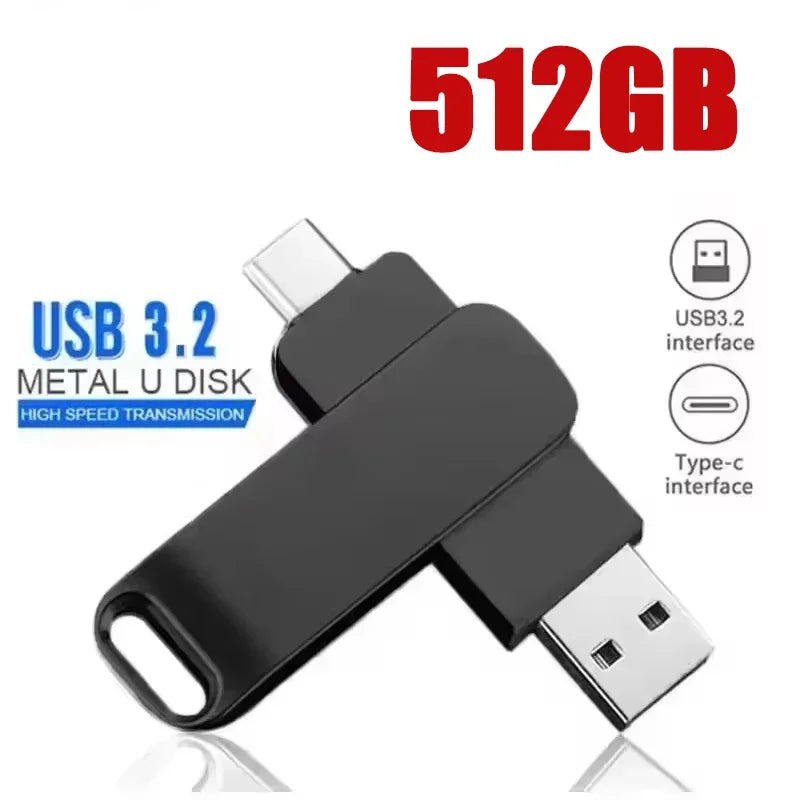 A black 512GB USB 3.2 Metal U disk featuring both a USB 3.2 interface and a Type-C connector.