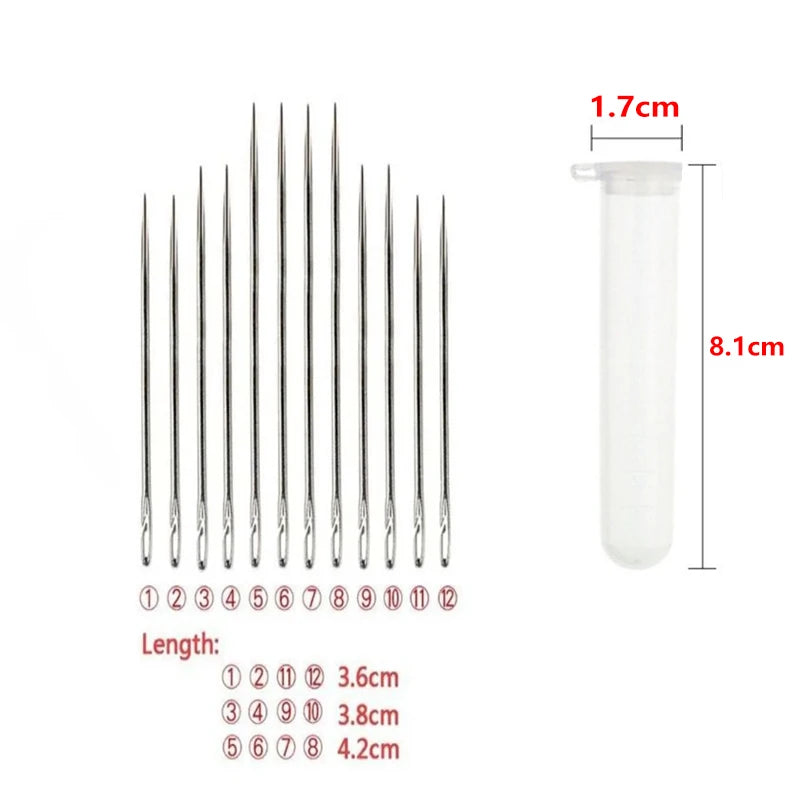 A set of twelve self-threading sewing needles with varying lengths and a wooden storage case.