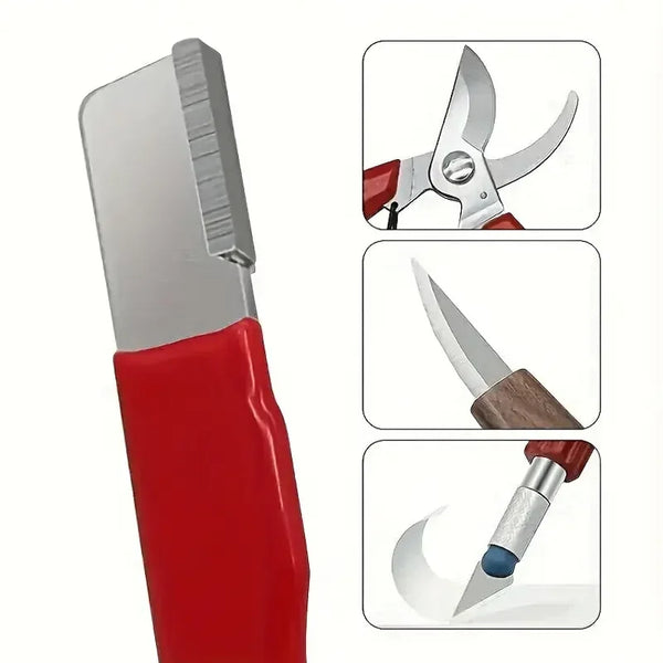 A red precision metal edge scraper and trimmer shown with close-up views of its blades.