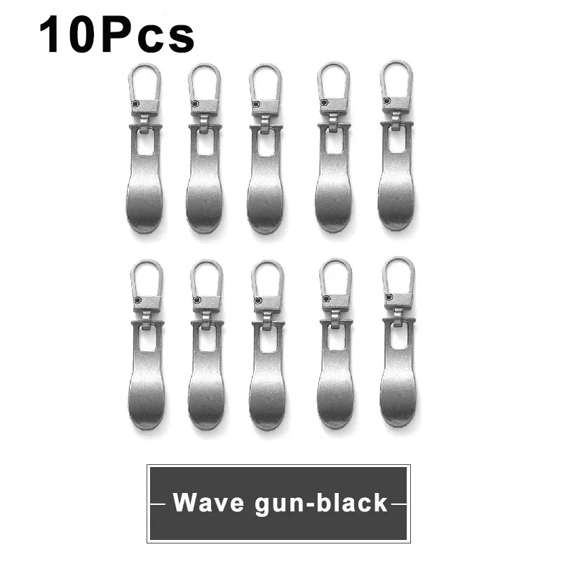 Ten black metal zipper pull replacement sliders for luggage, bags, and jackets