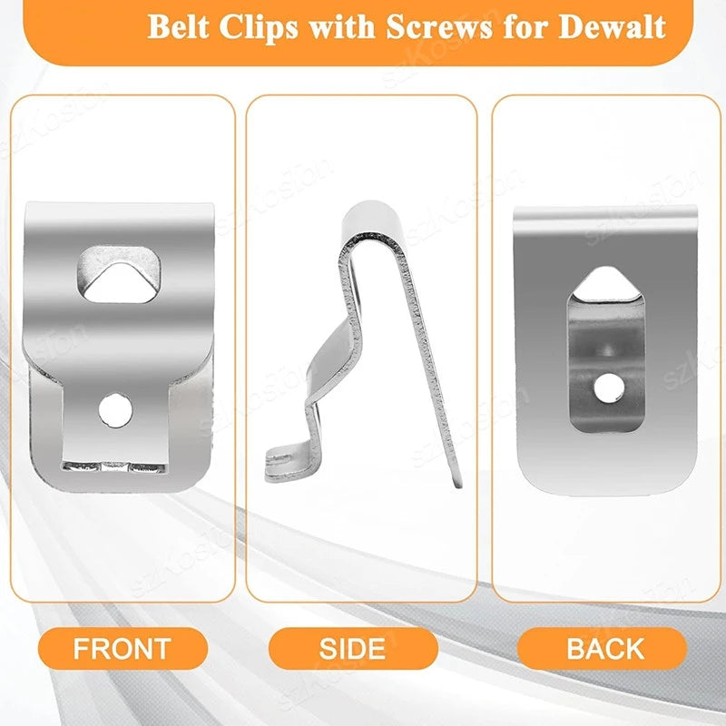 Stainless steel belt clips with screws for Dewalt drills shown from front, side, and back views