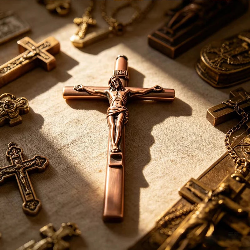 A close-up of a crucifix pen set featuring an INRI Jesus cross writing instrument with a rose gold metal finish on parchment.