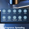 A close-up view of a rechargeable car aroma diffuser with a metallic finish and various feature icons displayed on a dark blu