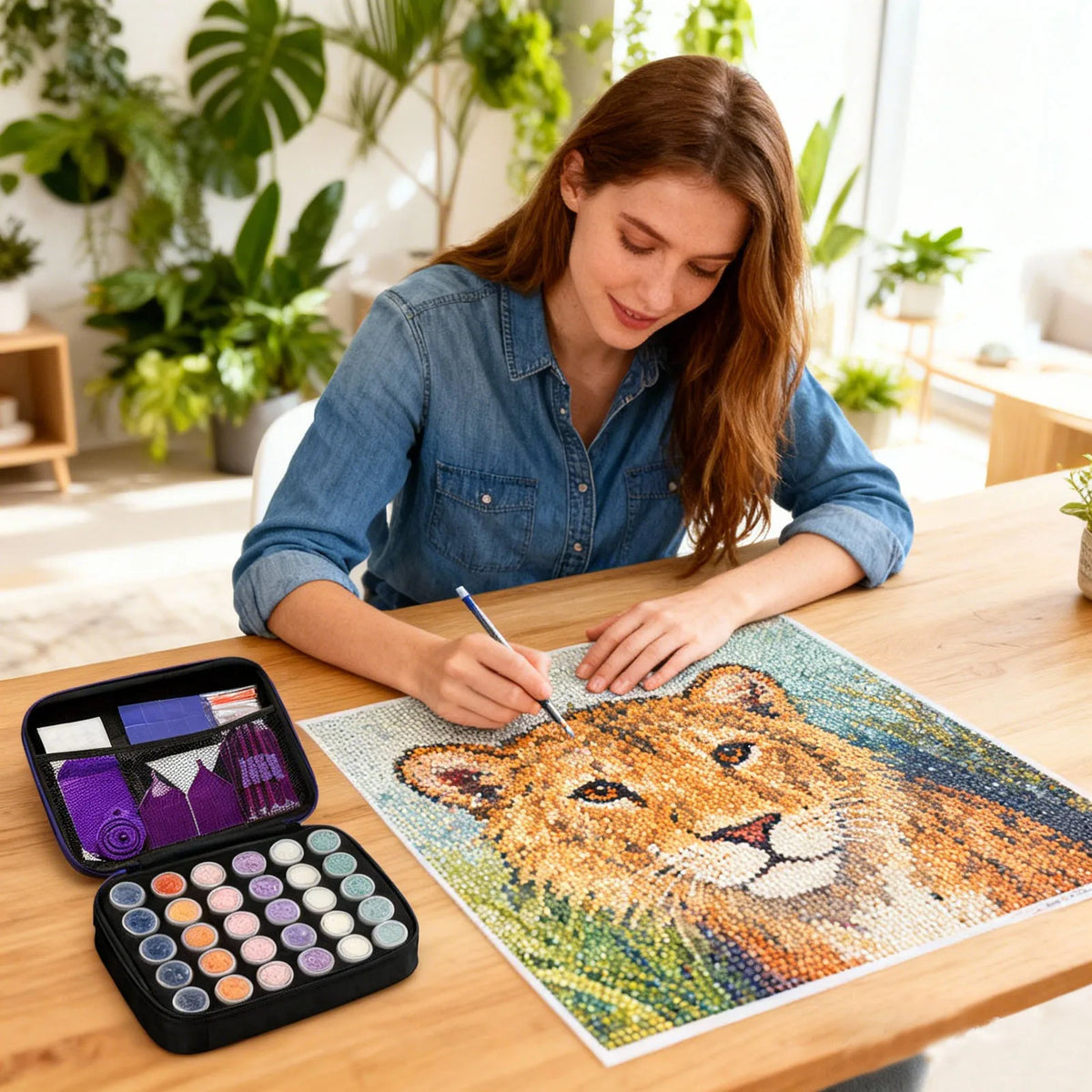 A woman is painting a lion face on a diamond painting canvas with tools and storage boxes on a wooden table.