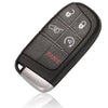 Black replacement key fob shell with four buttons for Jeep, Dodge, Chrysler, and Fiat vehicles.