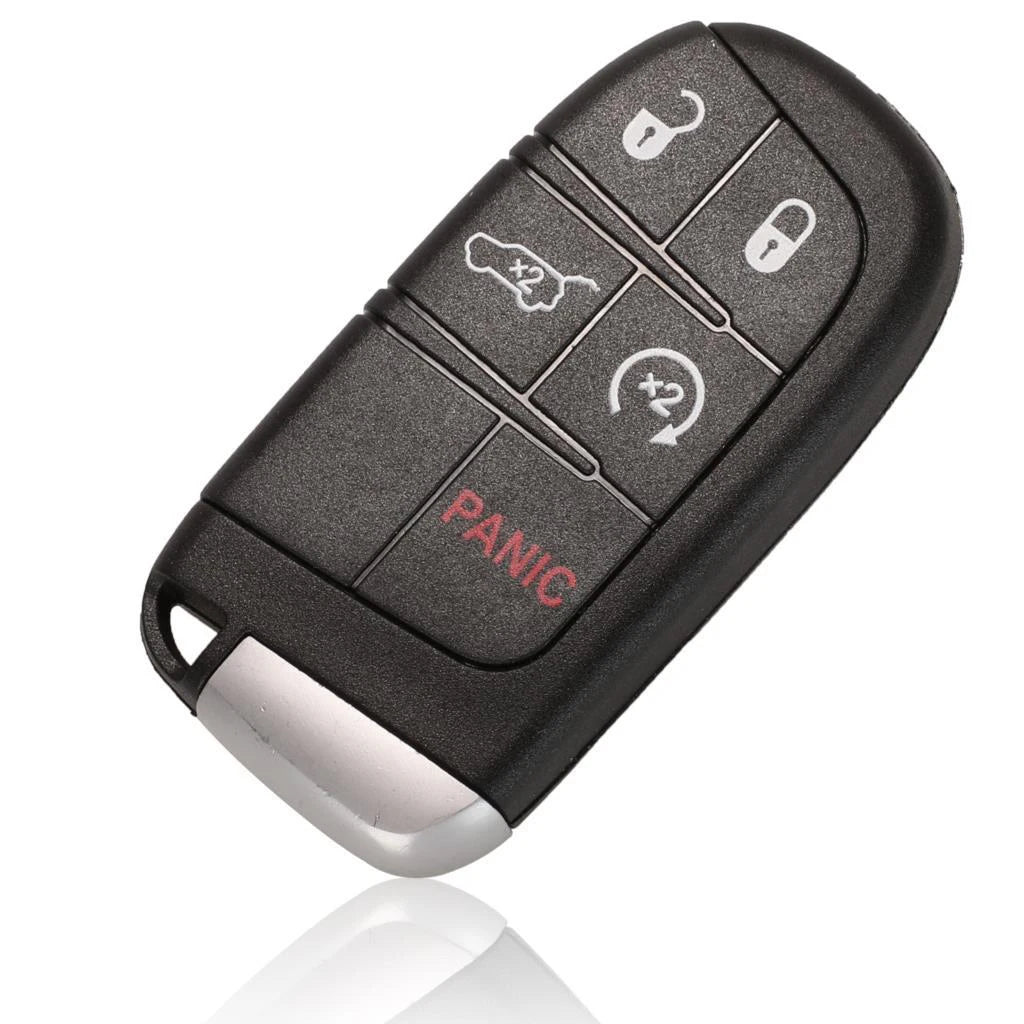 Black replacement key fob shell with four buttons for Jeep, Dodge, Chrysler, and Fiat vehicles.